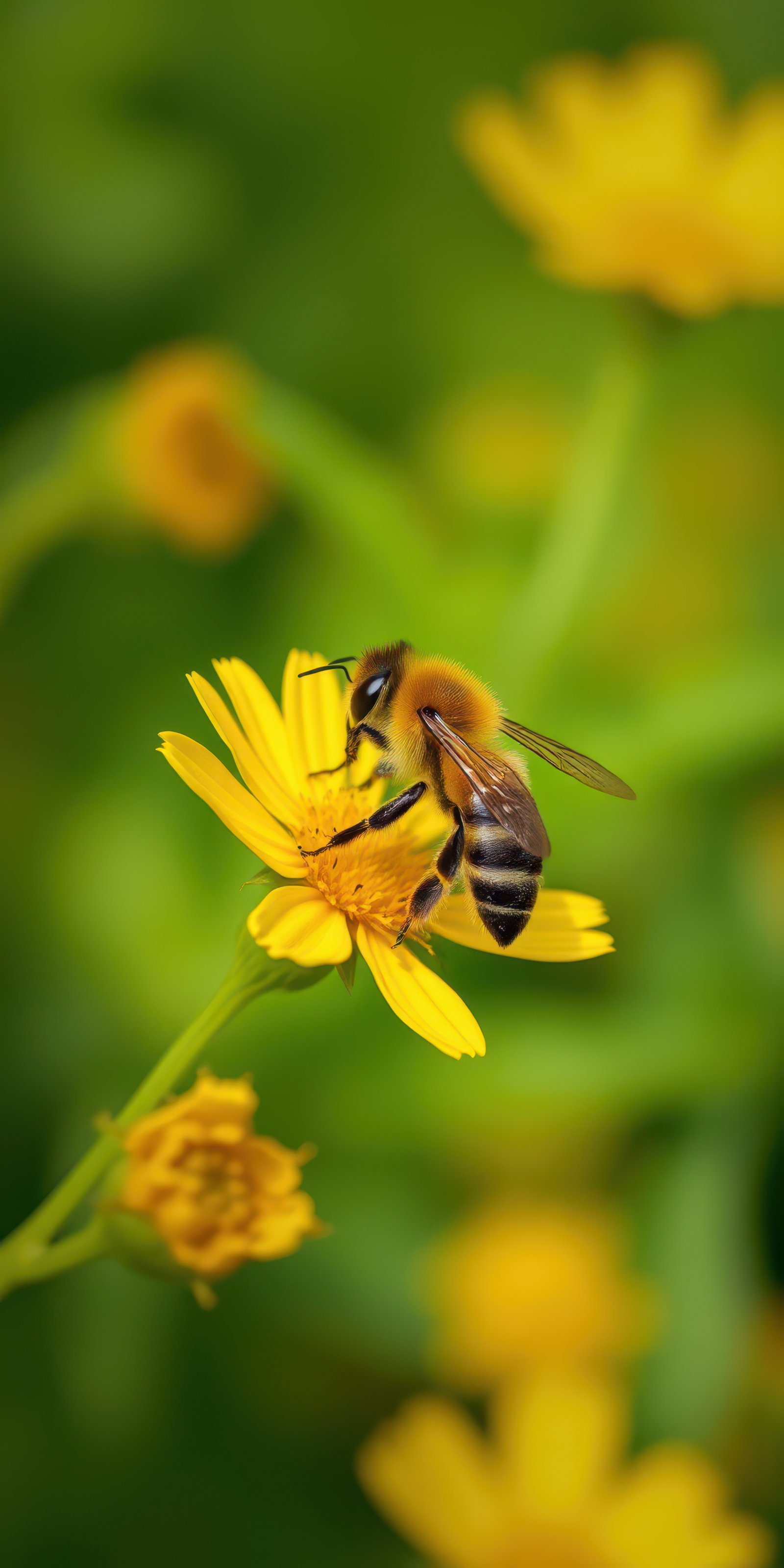 Bee pollinating a yellow flower on a sunny day in a lush garden filled with vibrant greenery